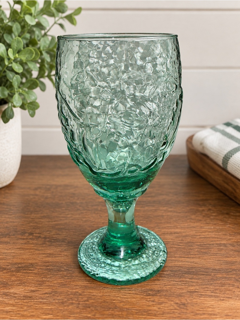 Vintage Green Depression Style Glass Goblet Embossed Grape Vine Textured 6.75”